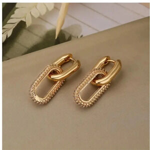 NWTs Gold Tone Double Oval Hoop Earring - Rhinestone encrusted bottom oval